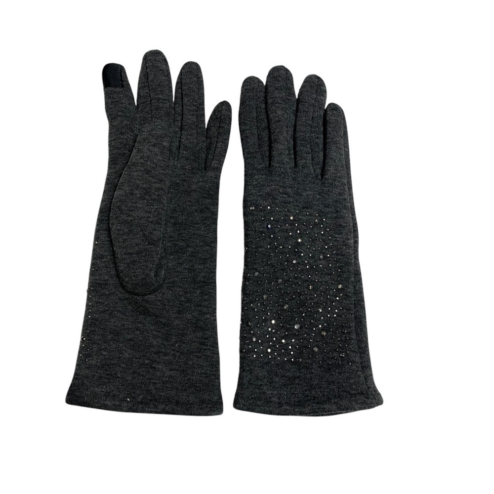 Elegant Gray Fabric Gloves‎ with Rhinestone Detailing and Toutch Screen patch